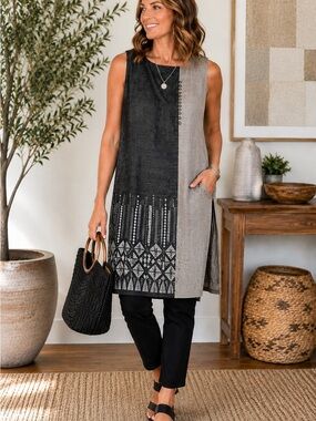 Sakshi Sleeveless Black & Taupe Patchwork Tunic Top | Boho Art-to-Wear
